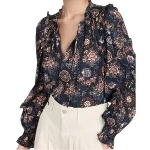 Ulla Johnson Ruffle Blouse - navy and brown size 2